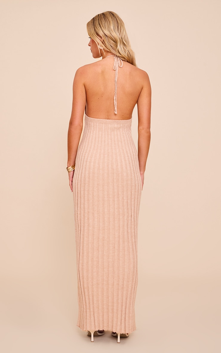 Petite Oatmeal Knitted Halterneck Flowy Maxi Dress image 2