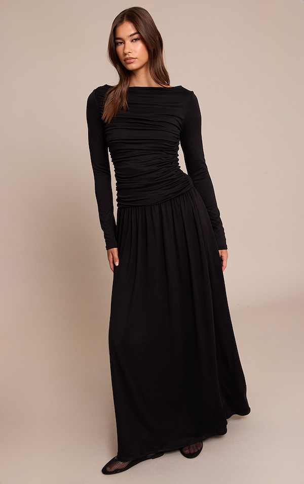 Black Soft Touch Jersey Ruched Long Sleeve Maxi Dress