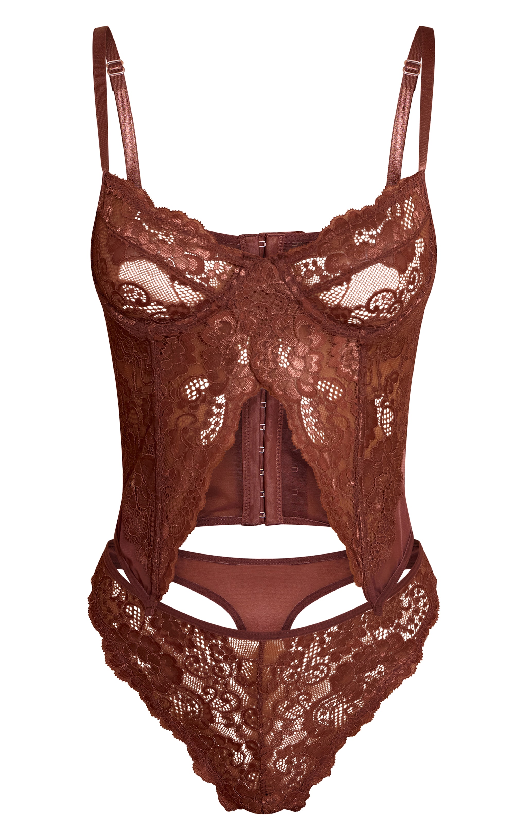 Chocolate Split Front Detail Lace Corset Lingerie Set image 5