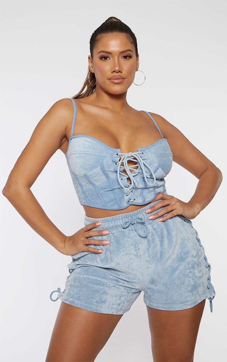 Shape Blue Velour Lace Up Corset Crop Top