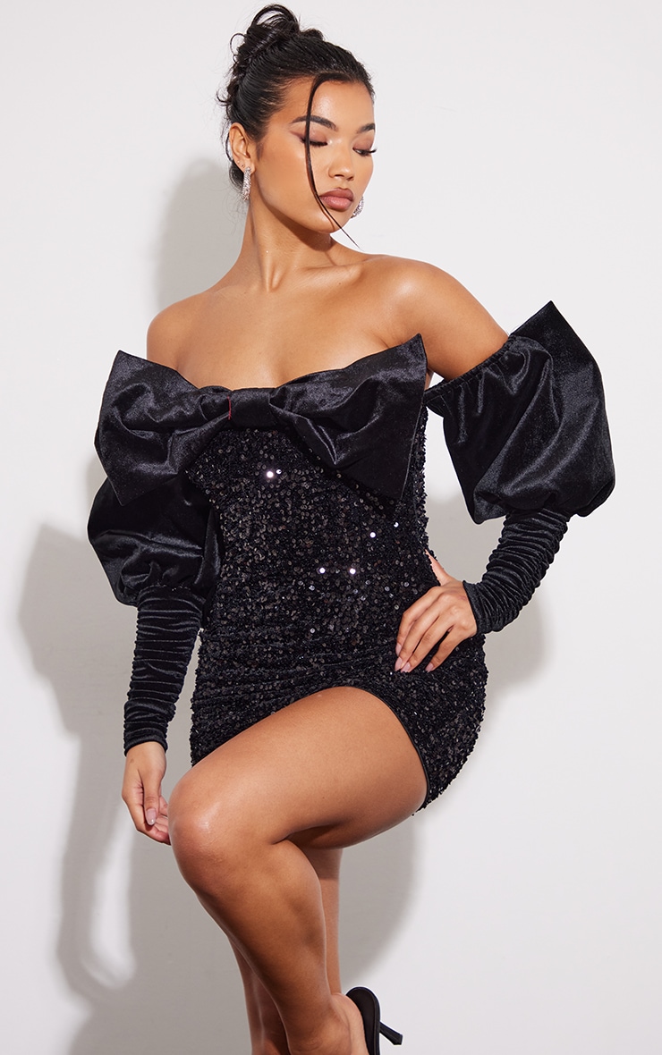 Black Sequin Velvet Bow Detail Bardot Bodycon Dress image 1