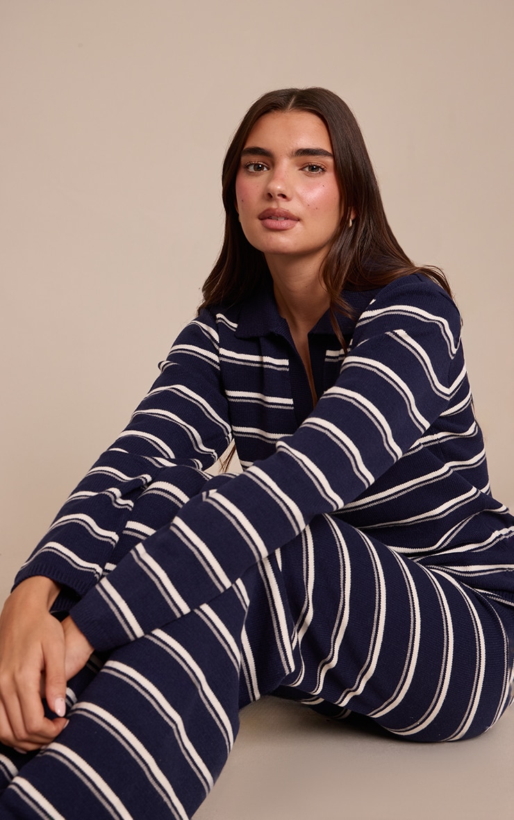 Navy Striped Rugby Knitted Top image 1