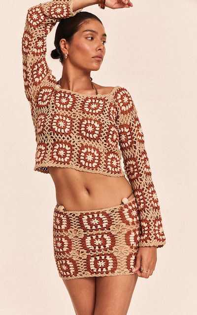 Petite Stone Crochet Knit Mini Skirt