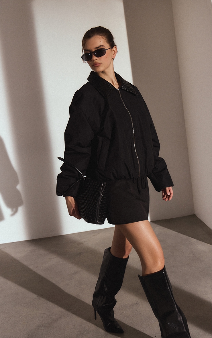 Black Quilted Collar Nylon Bomber image 3