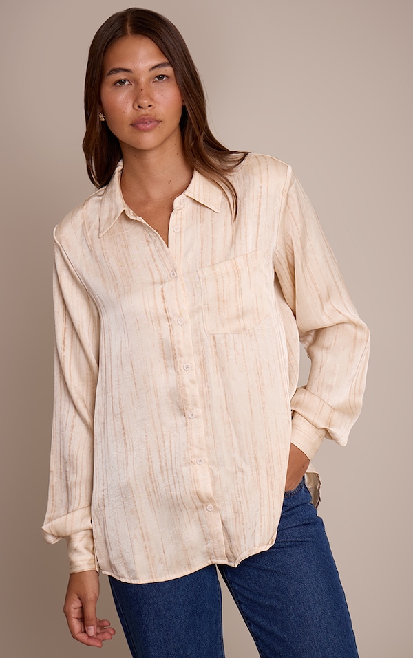 Cream Textured Satin Shoulder Pad Shirt