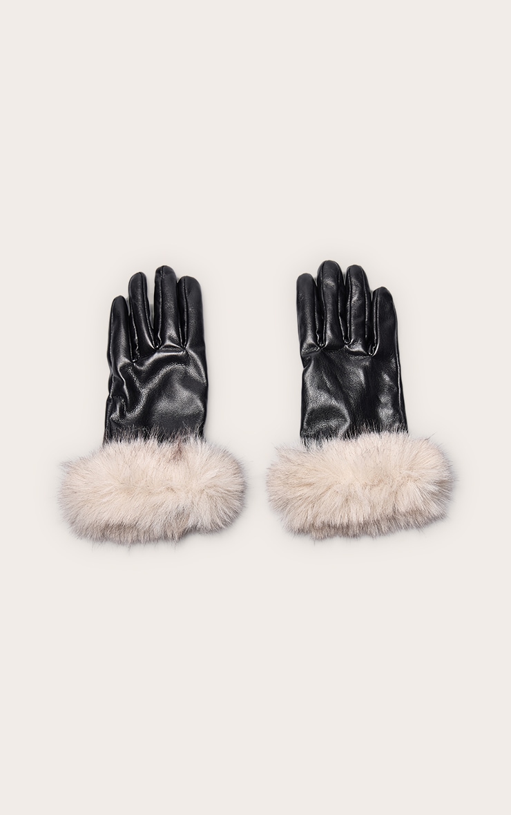 Black Contrast Fur Trim Gloves image 2