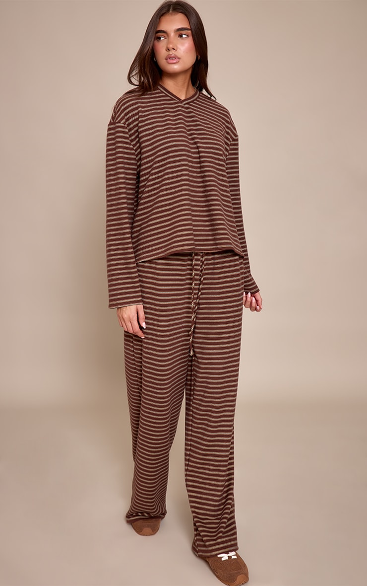 Chocolate Striped Soft Fleece V Neck Sweatshirt image 3