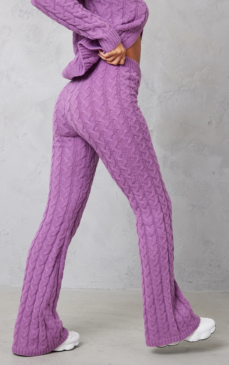  Dark Lilac Cable Knit Wide Leg Knit Trousers image 3