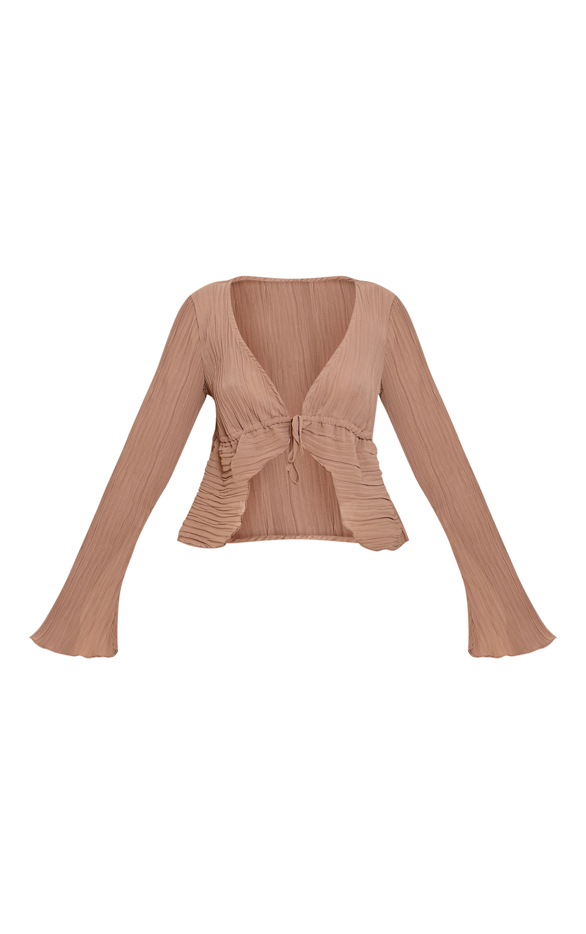 Mushroom Sheer Plisse Tie Front Flute Sleeve Blouse image 5