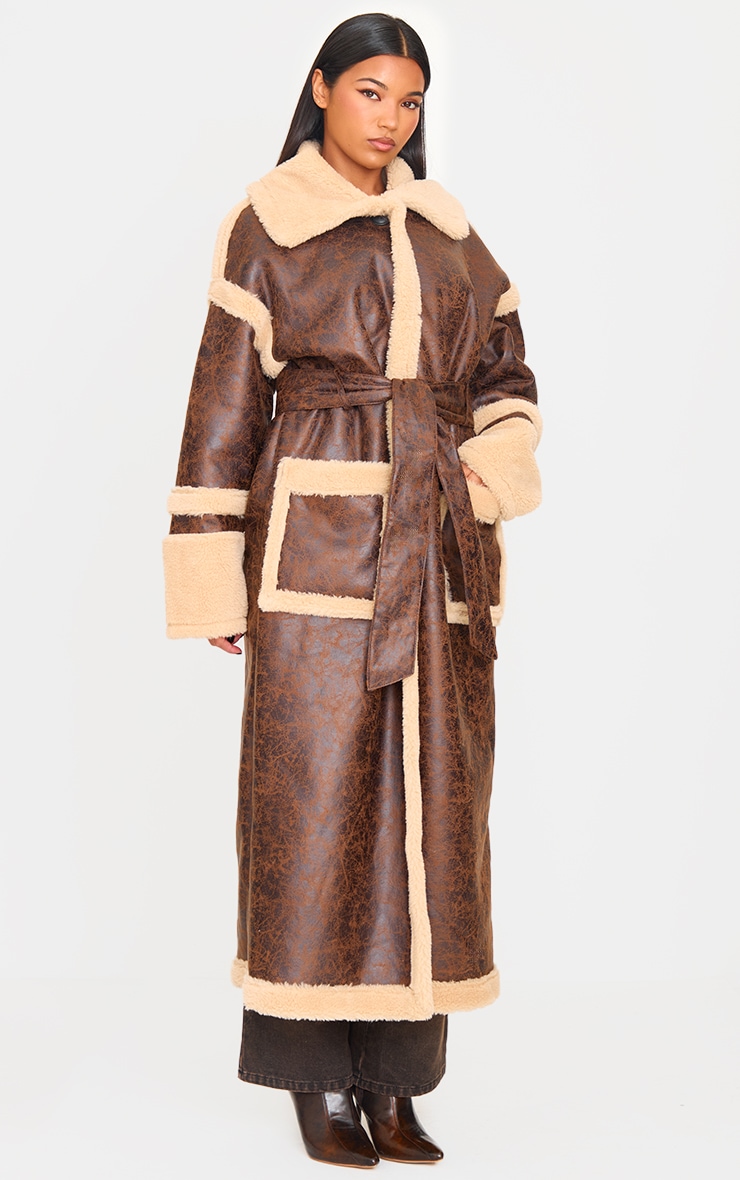 Brown Faux Leather Vintage Look Borg Coat image 3