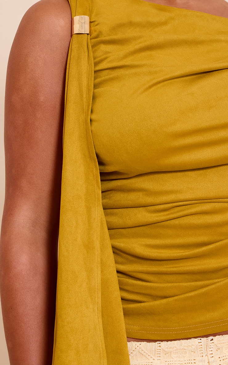 Shape Olive Faux Suede Off Shoulder Gold Trim Drape Top image 4
