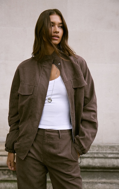 Dark Brown Zip Up High Neck Jacket