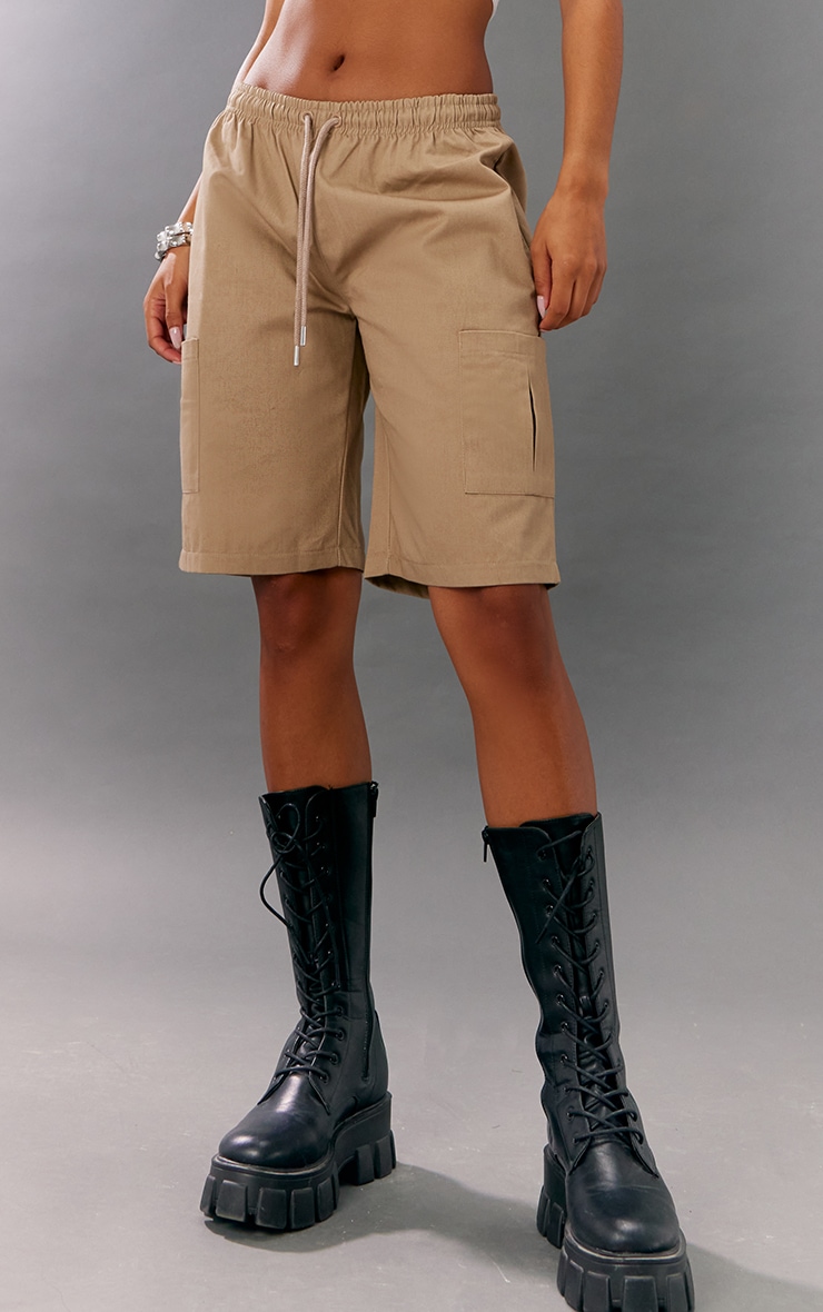 Camel Twill Drawstring Waist Oversized Long Shorts image 2