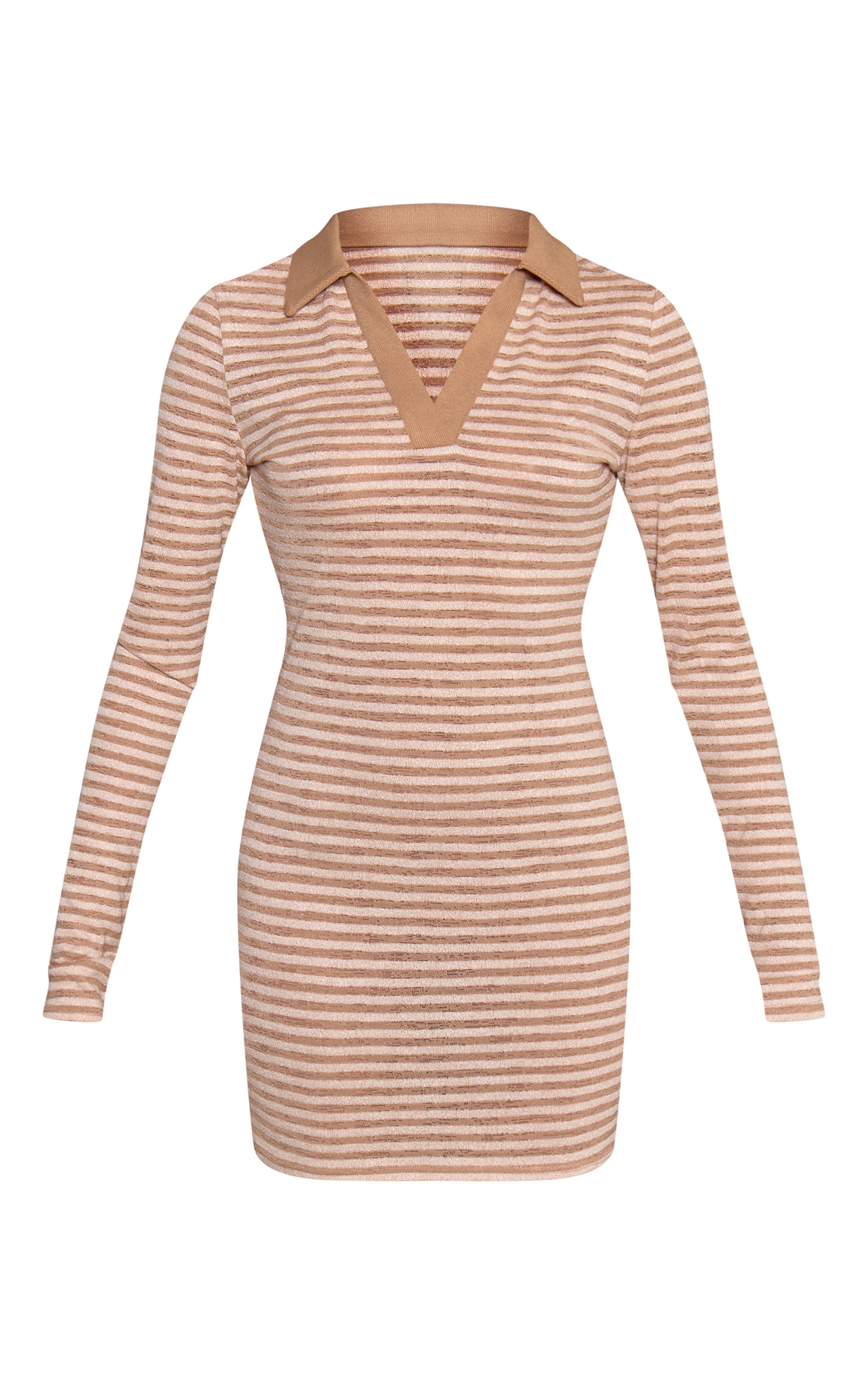 Taupe Stripe Ribbed Collar Detail Bodycon Mini Dress image 5