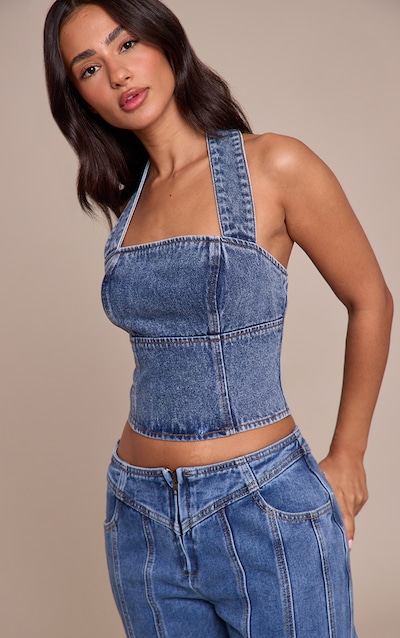 Top dos nu en jean bleu moyen taille petite