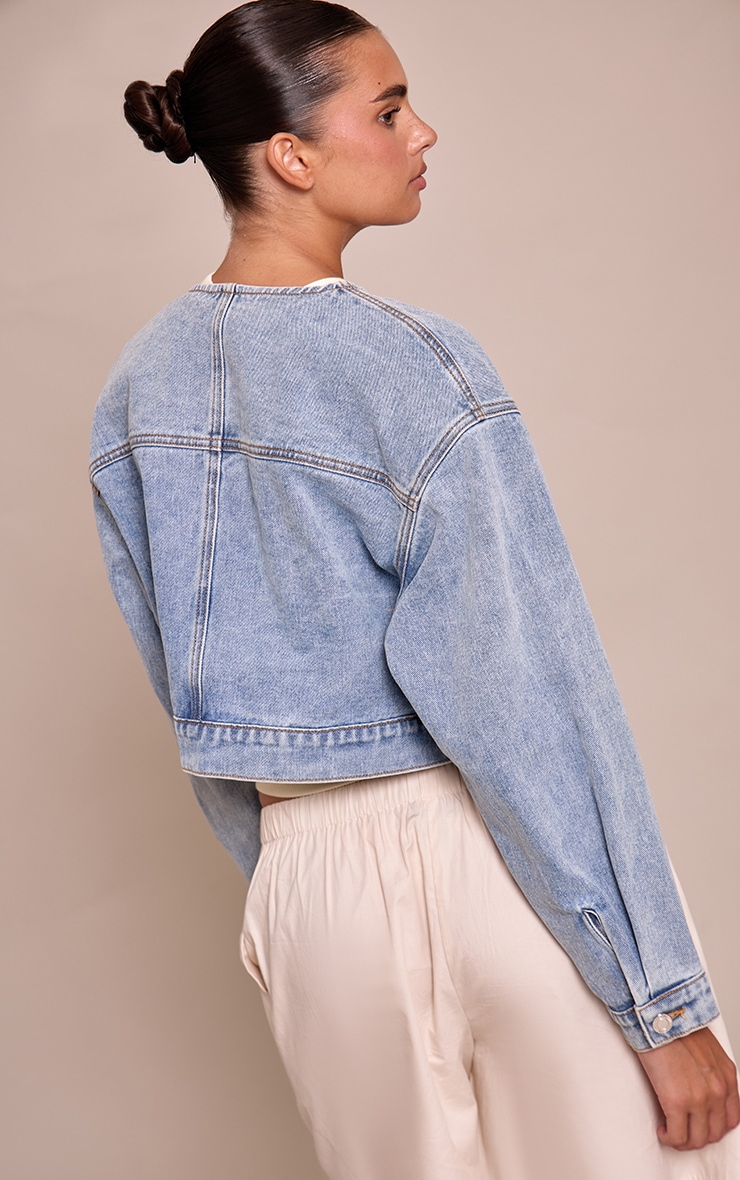 Mid Blue Wash Collarless Cropped Denim Jacket image 2