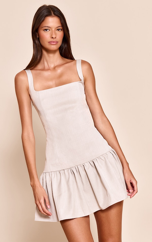Robe droite tissée grise à col rond
