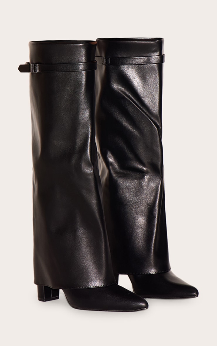 Black Matte PU Point Toe Fold Over Knee High Block Heeled Boots image 2