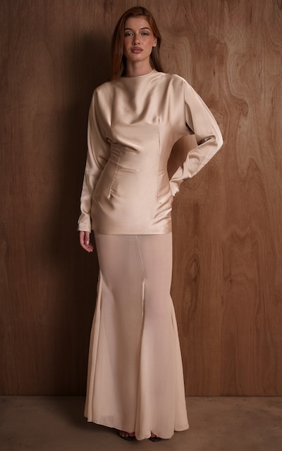 PLT Label Robe longue satinée champagne à col montant et jupe sirène en mousseline de soie