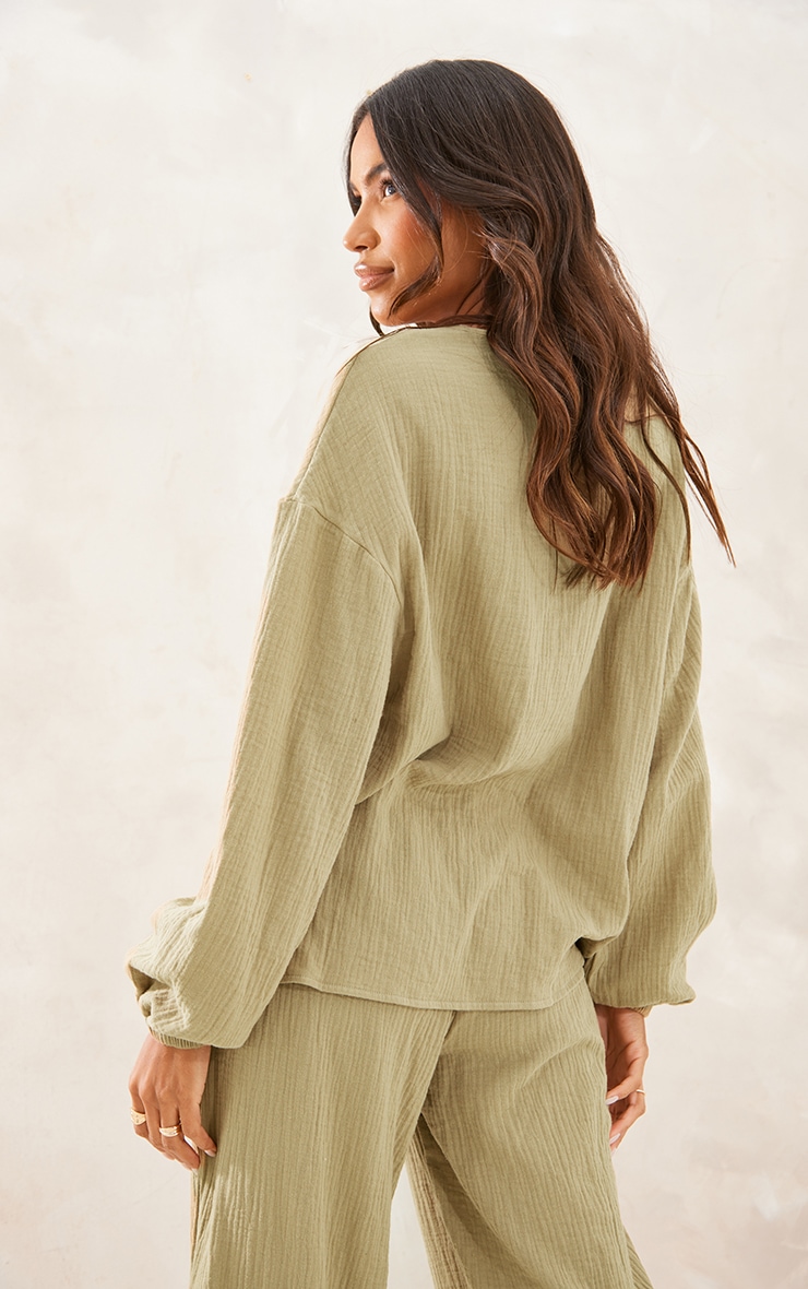 Sage Khaki Textured Cheesecloth Tie Front Shirt PrettyLittleThing AUS