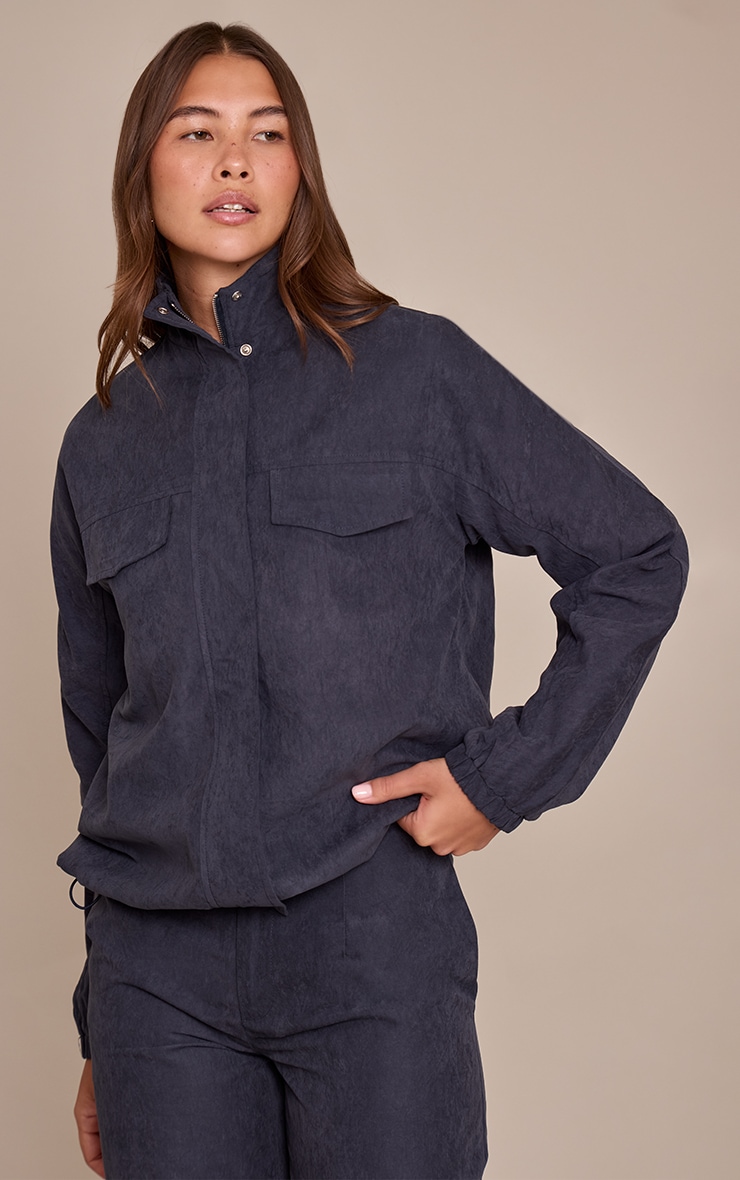 Navy Peach Skin Zip Up High Neck Jacket