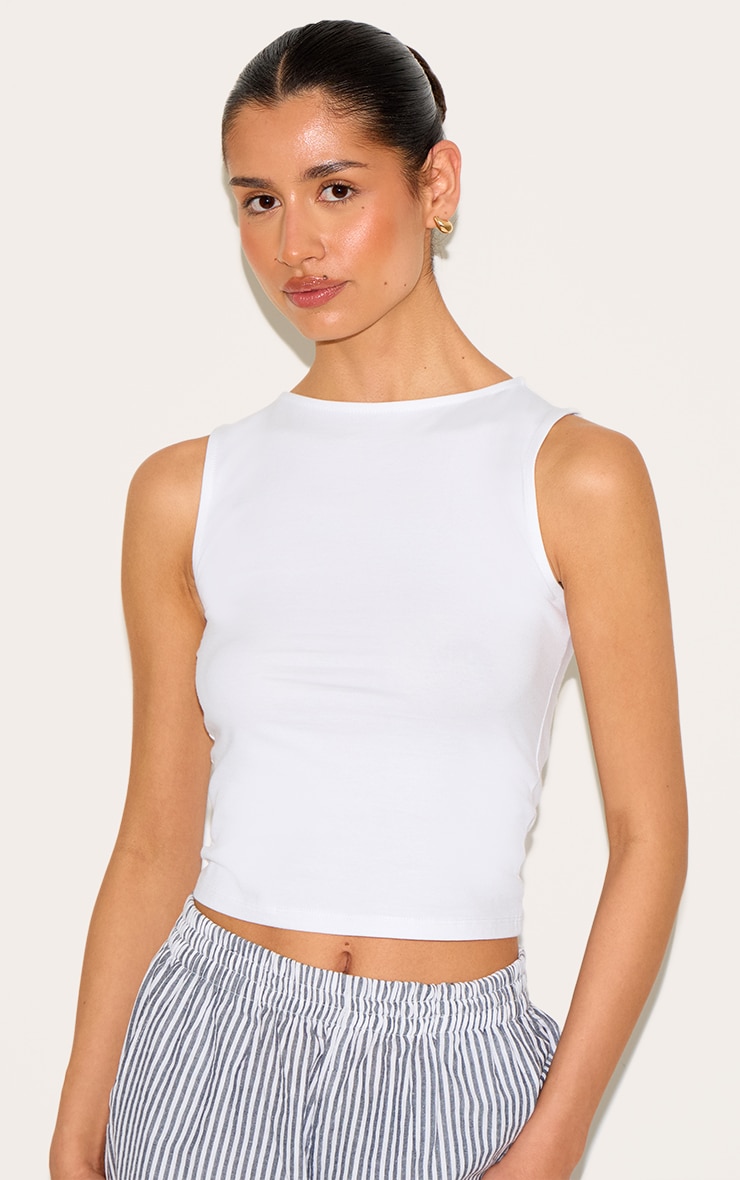 Tall White Soft Cotton Boat Neck Sleeveless Top image 1
