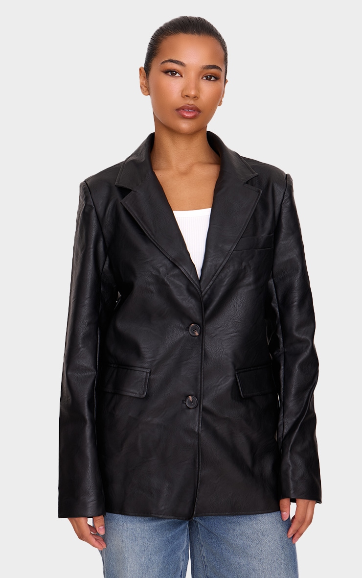 Washed Black Textured Faux Leather Blazer image 3