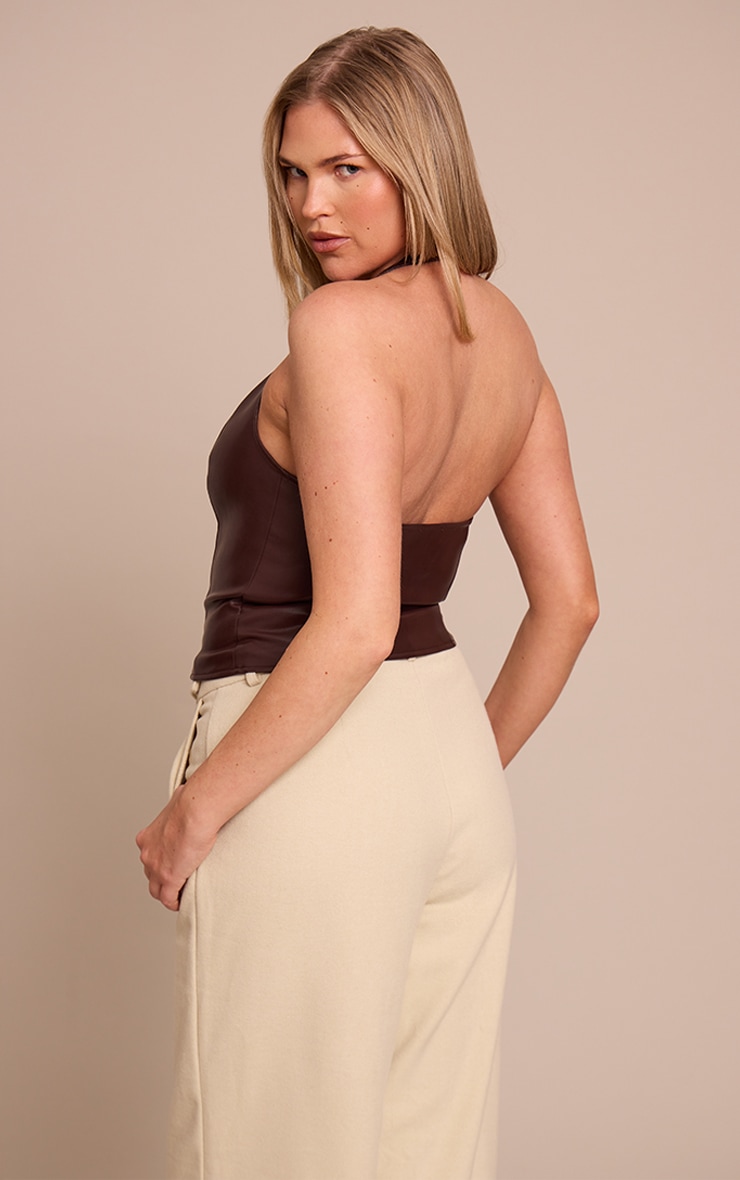 Shape Chocolate Faux Leather Halter Neck Lace Up Corset image 2