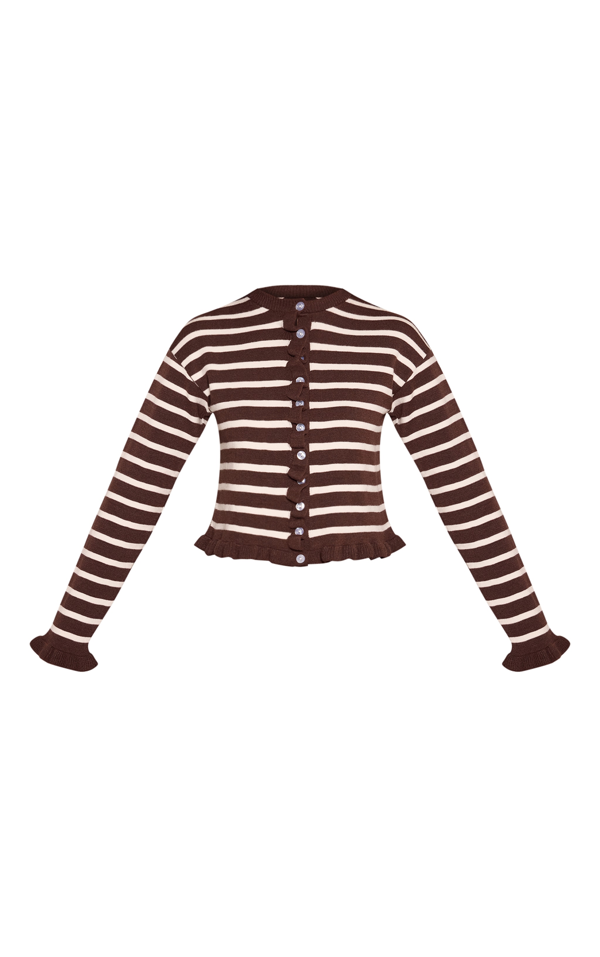 Chocolate Striped Frill Hem Knitted Cardigan  image 5