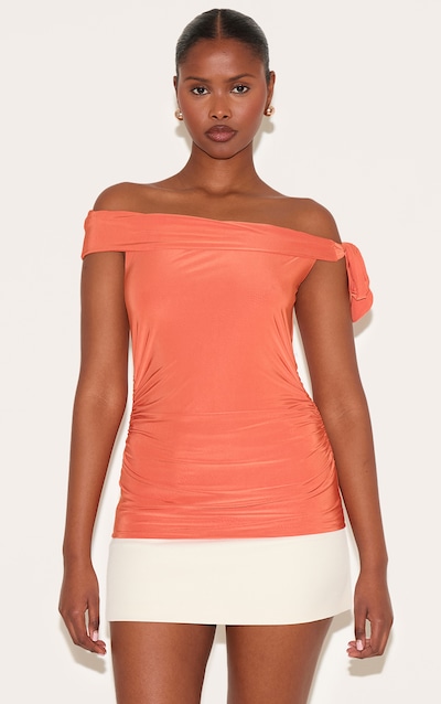 Paprika Double Layer Slinky Tie Shoulder Bardot Long Top