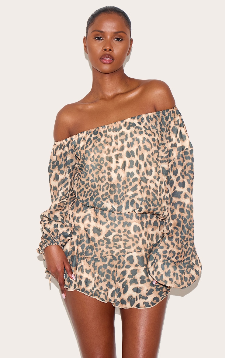 Leopard Chiffon Bardot Floaty Detail Skort Romper