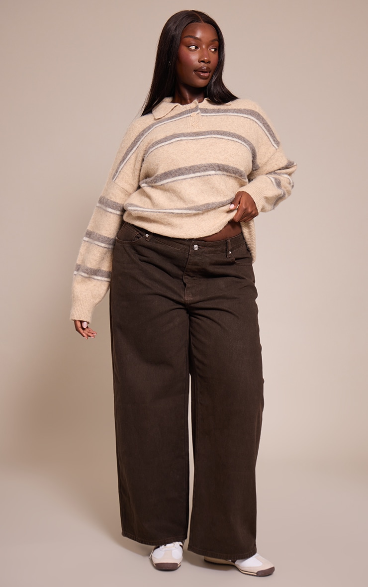 Plus Taupe Striped Brushed Knit Oversized Rugby Style Sweater image 3