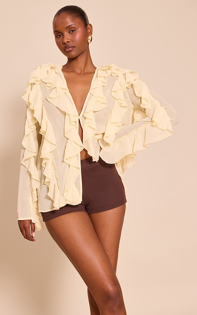Butter Yellow Chiffon Extreme Ruffle Detail Long Sleeve Blouse