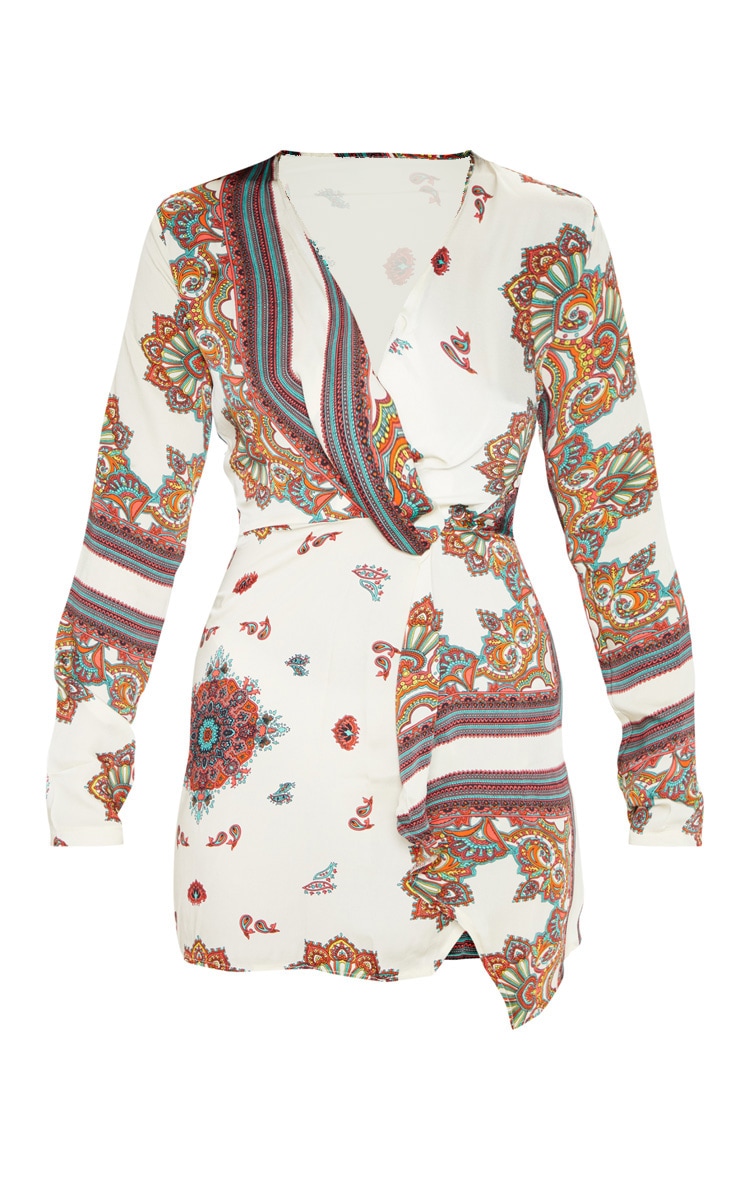 White Printed Silky Long Sleeve Wrap Dress image 3