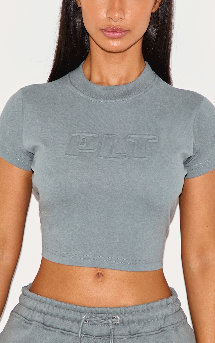 Petite Teal PLT Embossed Cropped Baby Tee image 4