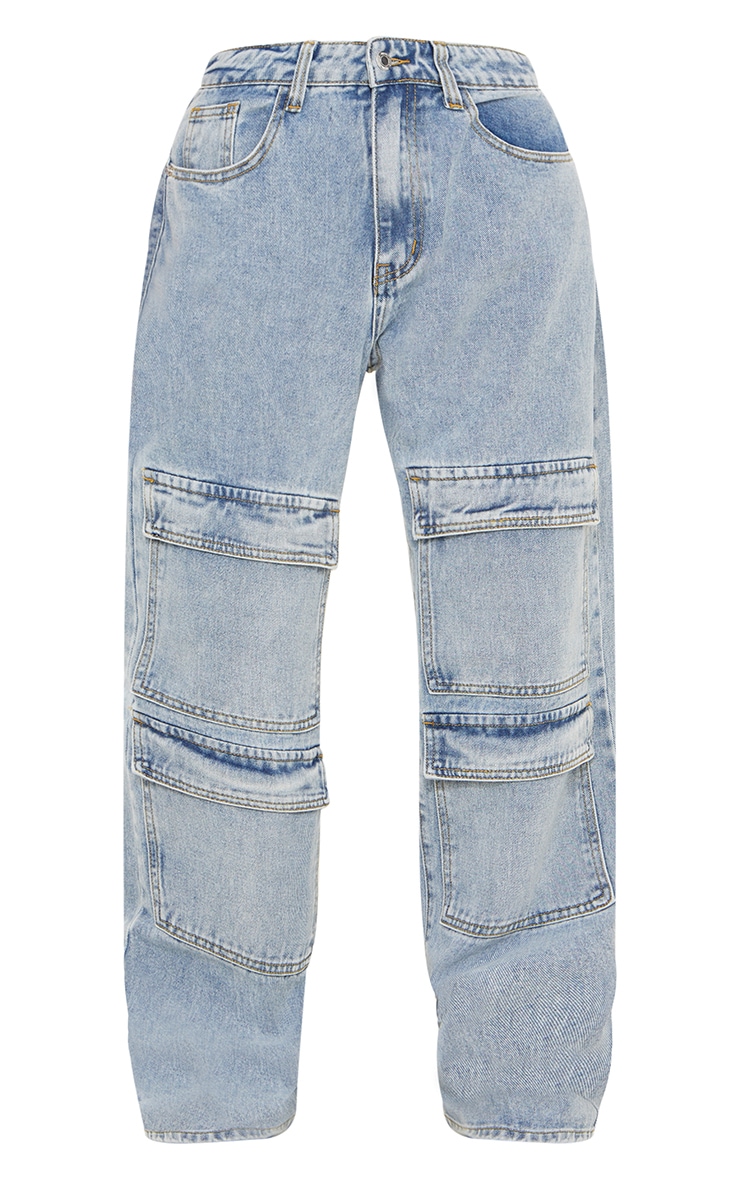 Light Blue Wash Cargo Front Pocket Baggy Boyfriend Jeans PrettyLittleThing USA