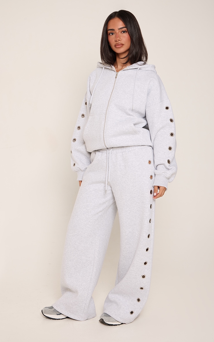 Petite Ash Grey Eyelet Front Drawstring Wide Leg Track Pants