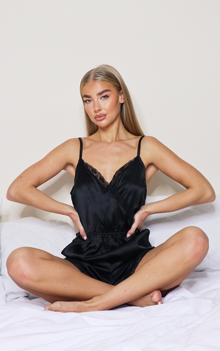 Black Satin V-Neck Teddy