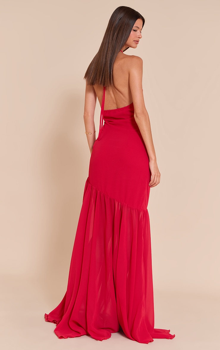 Red Chiffon Halterneck Dropped Waist Maxi Dress image 2