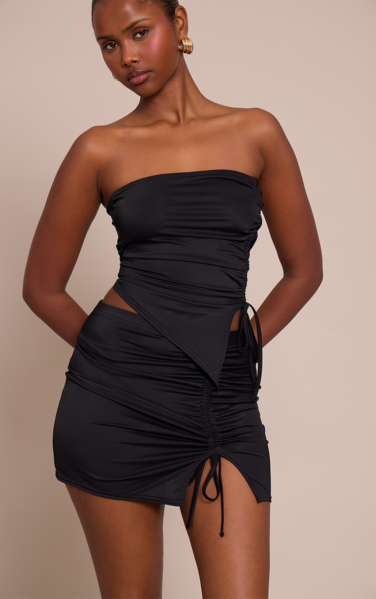 Black Matte Touch Ruched Side Mini Skirt image 2