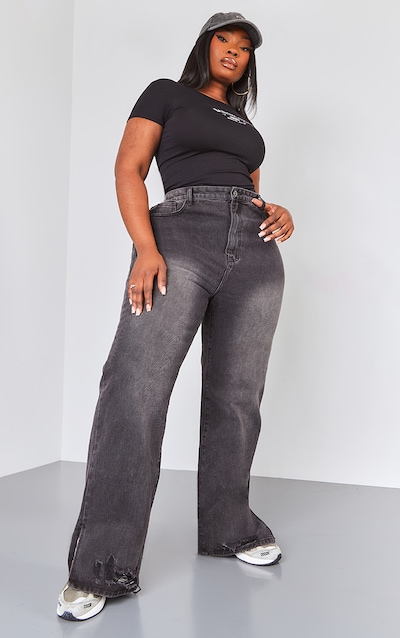 Plus Washed Black Ripped Split Hem Straight Leg Jeans