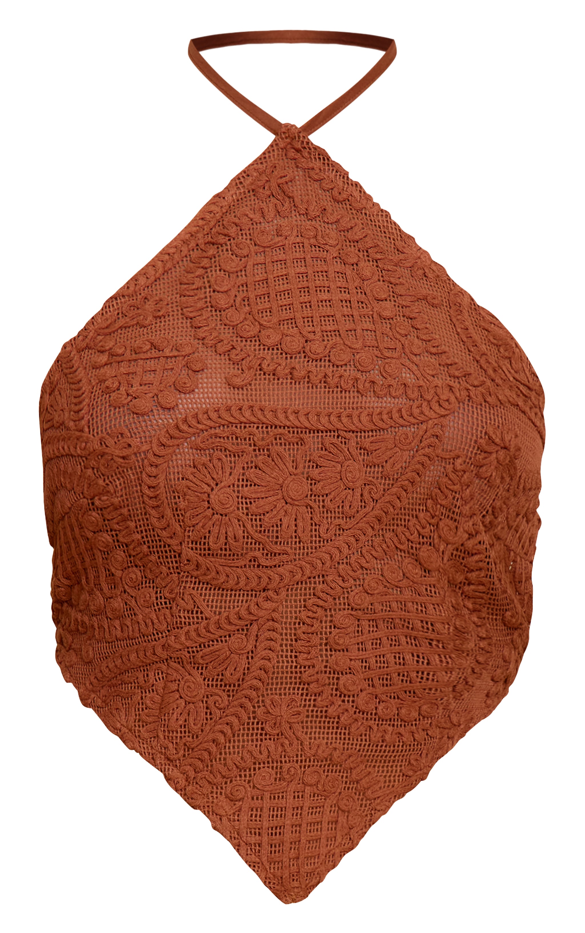 Burnt Orange Textured Embroidered Halterneck Tie Back Top image 5