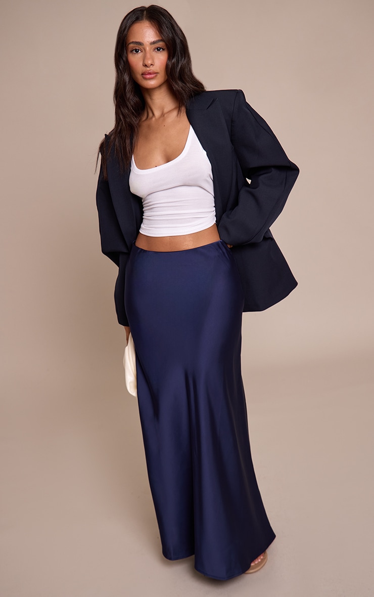 Petite Navy Satin Flowy Maxi Skirt image 1