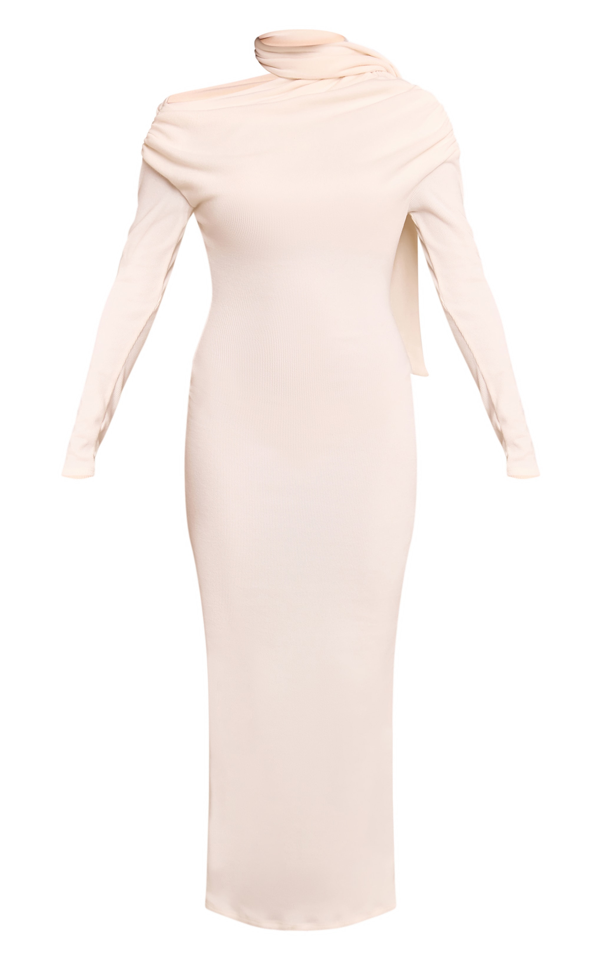 Cream Brushed Rib Scarf Detail Long Sleeve Asymmetric Ruched Maxi Dress image 5