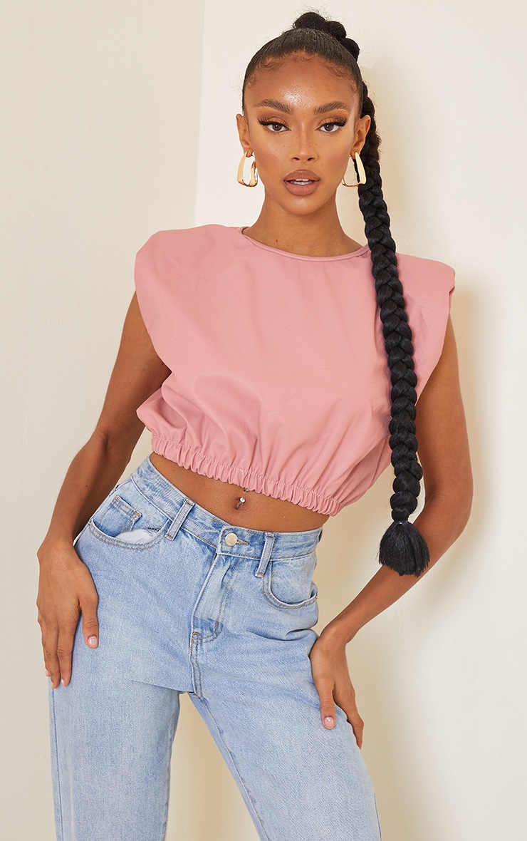 Nude PU Shoulder Pad Ruched Hem Crop Top