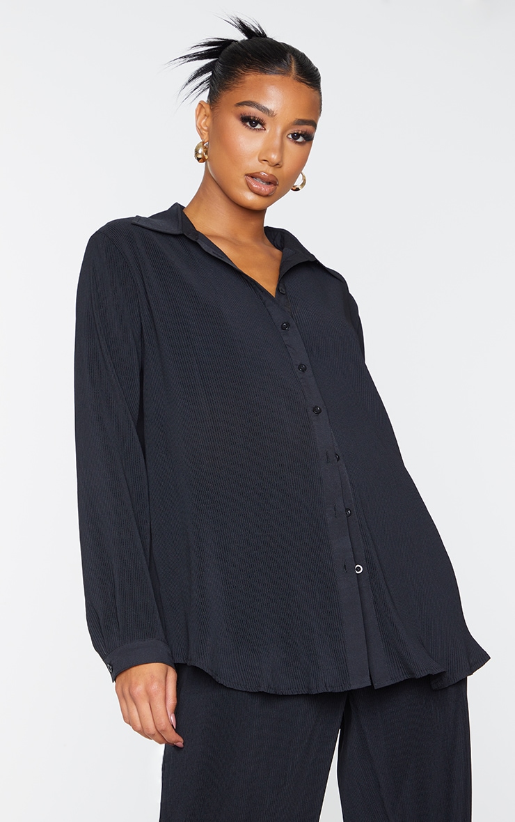 Black Plisse Button Front Oversized Shirt image 3