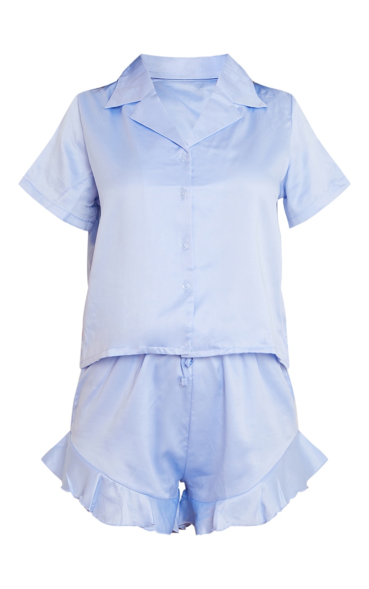 Baby Blue Satin Shirt And Ruffle Short Pj Set PrettyLittleThing