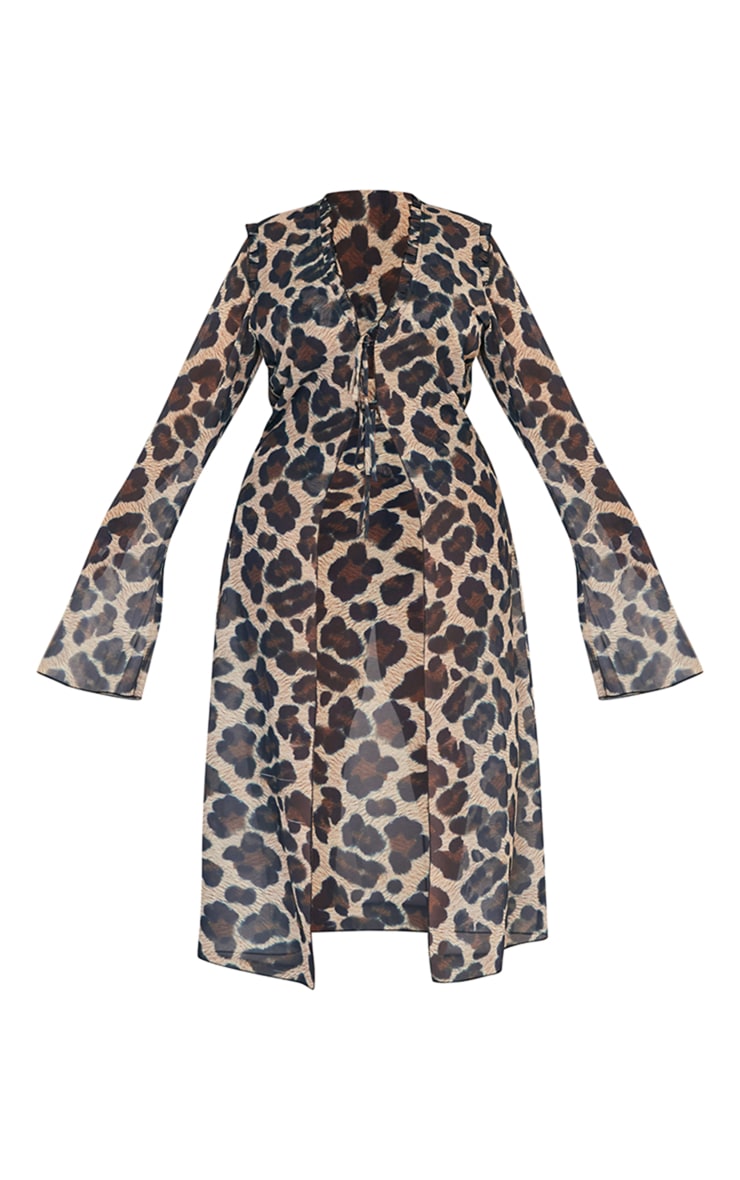 Plus Brown Leopard Print Ruffle Tie Kimono image 5