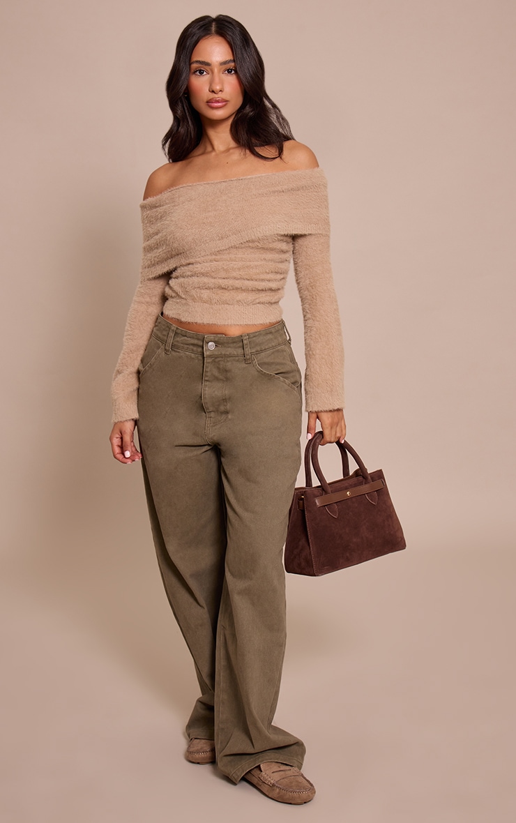 Petite Fluffy Beige Bardot Knitted Sweater image 3
