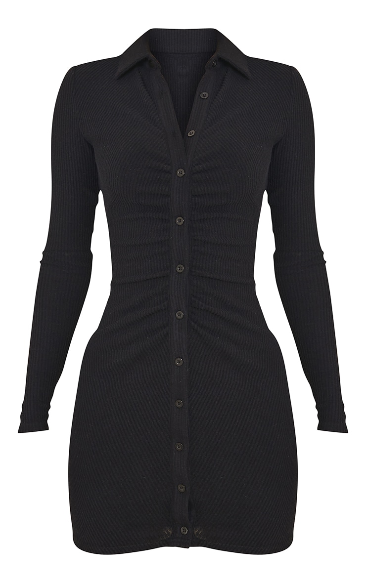 Black Brushed Rib Ruched Long Sleeve Shirt Dress image 4